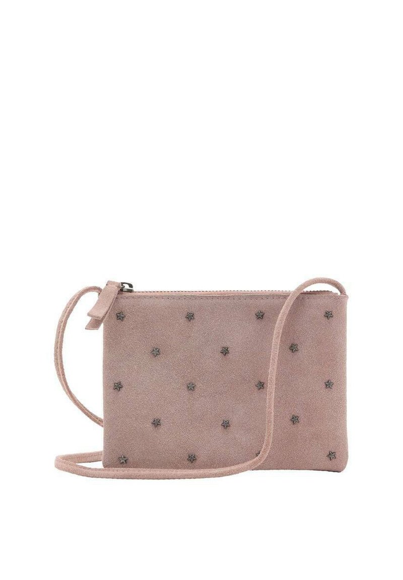 Borsa a tracolla in suede rosa con decorazioni a forma di stella, chiusura con zip e tracolla regolabile. Texture liscia con bordi cuciti.