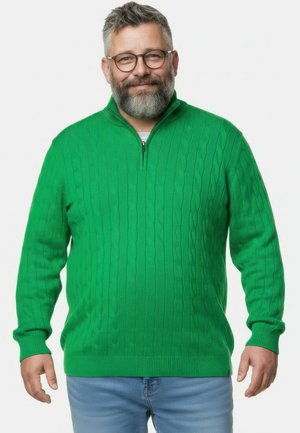 Midaldrende mand med gråt skæg og briller iført en grøn kabelstrikket sweater og lyseblå jeans, smilende let.