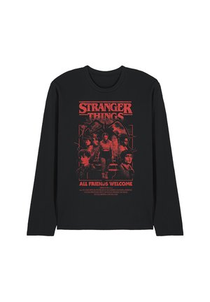 Black long-sleeve t-shirt featuring a red graphic print of characters from "Stranger Things" with the text "ALL FRIENDS WELCOME" below.