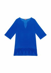 Túnica de lino azul con escote en V, mangas tres cuartos y un dobladillo decorado con un patrón intrincado que presenta recortes en forma de diamante.