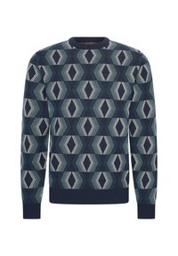 Navy crew-neck sweater featuring a geometric pattern of diamonds in varying shades of teal and white. Ribbed cuffs and hem.