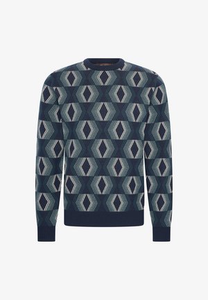 Marineblauwe ronde hals trui met een geometrisch patroon van diamanten in verschillende tinten teal en wit. Geribbelde manchetten en zoom.