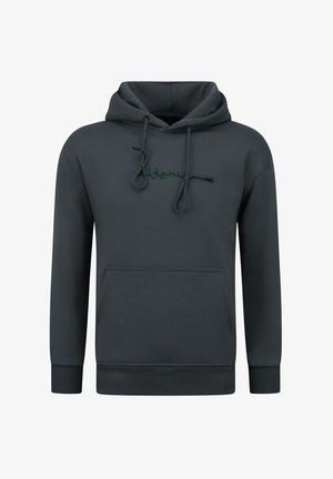 Donkergrijze hoodie gemaakt van zacht stof. Heeft een voorzak, verstelbare capuchon met trekkoord en een geborduurd logo op de borst.