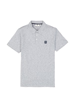 Korte mouw polo shirt in lichtgrijs met horizontale strepen, drie knopen in de hals en een klein marineblauw logo op de borst.