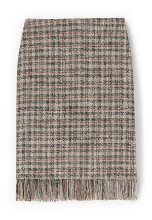 Gonna a tubo in tweed con motivo a quadri beige, nero e rosso, rifinita con frange lungo l'orlo inferiore.
