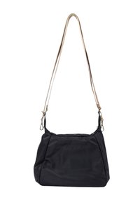 Borsa a mano nera in nylon con un design morbido, hardware in tonalità argentata e due tracolle regolabili. Texture elegante e liscia, con dettagli minimi.