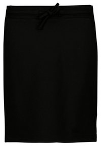 Černá sukně vyrobená z měkké tkaniny, s jednoduchým designem, rovný střih, elastickým pasem s nastavitelným šňůrkovým stahováním a minimálními švy.