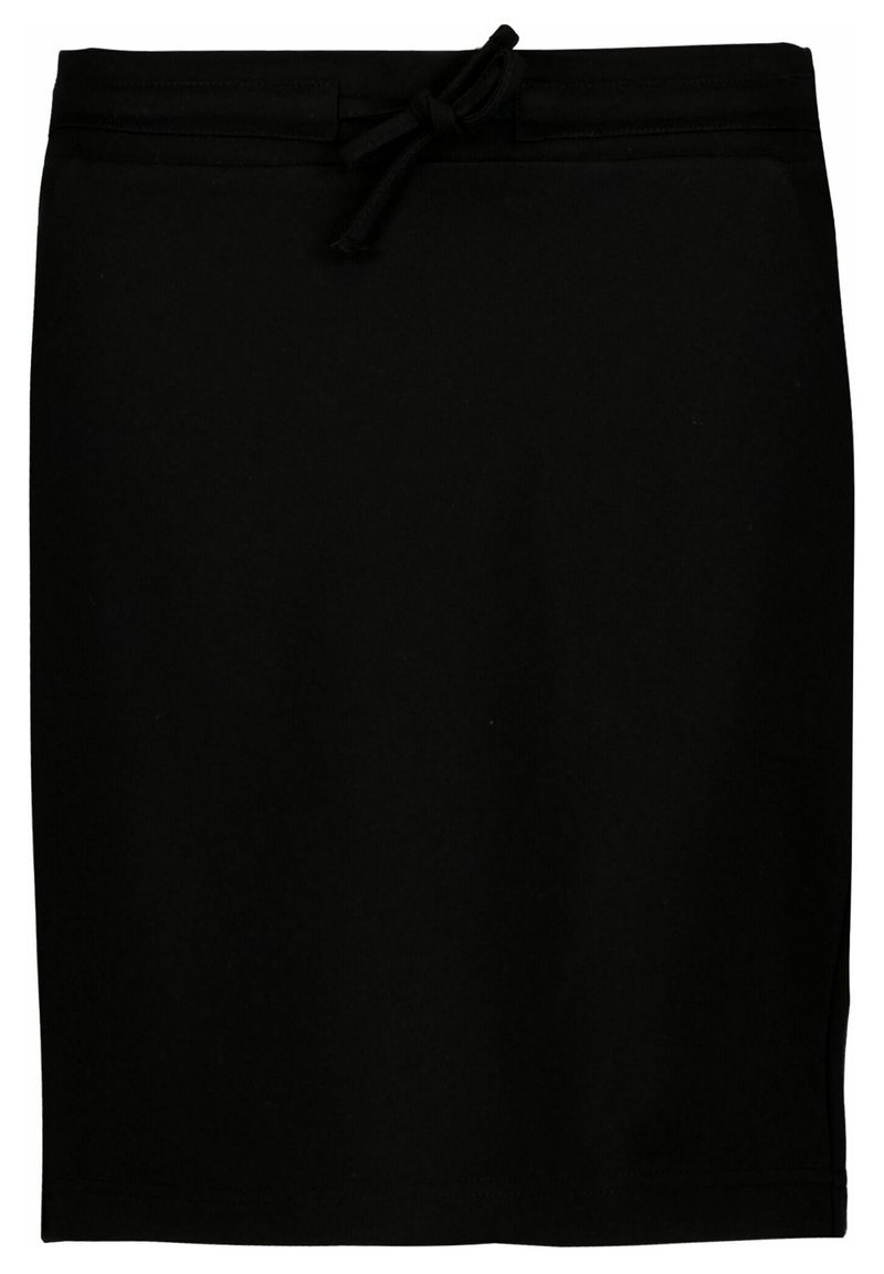 Černá sukně vyrobená z měkké tkaniny, s jednoduchým designem, rovný střih, elastickým pasem s nastavitelným šňůrkovým stahováním a minimálními švy.