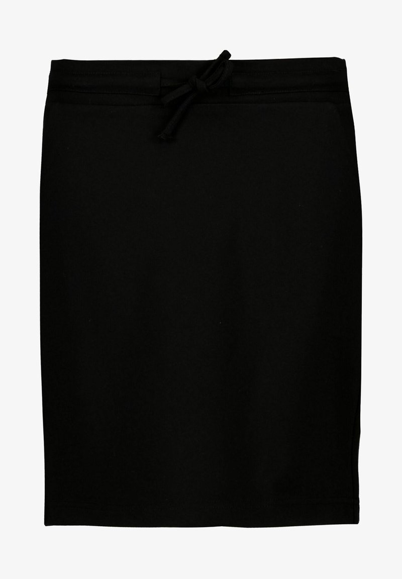 Černá sukně vyrobená z měkké tkaniny, s jednoduchým designem, rovný střih, elastickým pasem s nastavitelným šňůrkovým stahováním a minimálními švy.