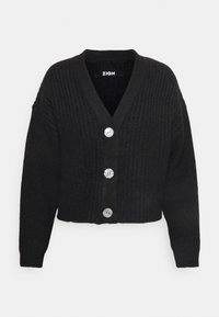 Černý pletený cardigan s výstřihem do V, zkrácený design s čtyřmi velkými, kulatými stříbrnými knoflíky vpředu, žebrovaná struktura.