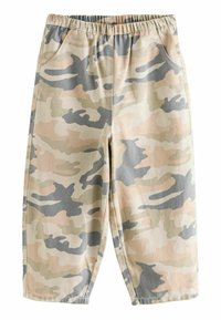 Pantalons camo en beige, gris et rose clair. Taille élastique, deux poches latérales, coupe décontractée et ouverture de jambe effilée.