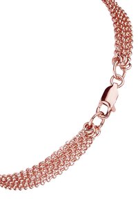 Halskette aus Roségold mit drei kontrastierenden Strängen, ausgestattet mit einem sicheren Karabinerverschluss und einer glatten, glänzenden Oberfläche.