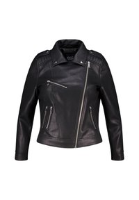Veste de moto en cuir noir avec un col cranté, plusieurs poches zippées et des accents texturés aux épaules. Design lisse et ajusté.