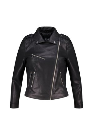 Zwarte leren motorjack met een ingesneden kraag, meerdere ritszakken en textuuraccenten op de schouders. Glad, slim fit ontwerp.
