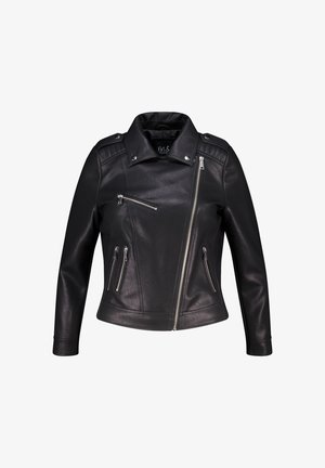 Zwarte leren motorjack met een ingesneden kraag, meerdere ritszakken en textuuraccenten op de schouders. Glad, slim fit ontwerp.