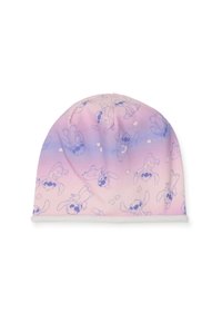 Gorro de punto con degradado rosa y morado, con dibujos repetidos en línea azul del personaje Stitch y pequeños corazones blancos.