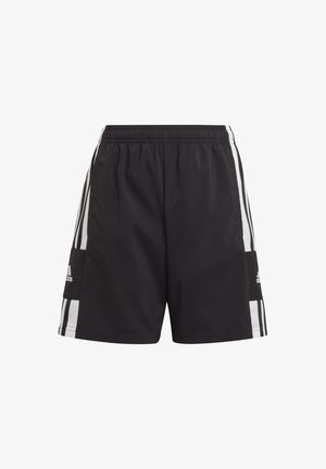 Schwarze Sportshorts mit weißen Seitenstreifen, elastischem Bund und kleinem Logo am linken Bein. Hergestellt aus leichtem Material.