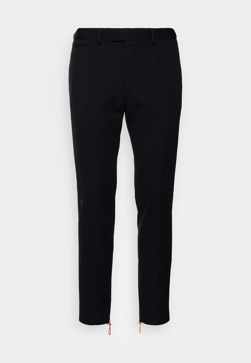 Black pants with a tailored fit, made of soft fabric. Features a zippered hem with red and yellow accents, front pockets, and belt loops.