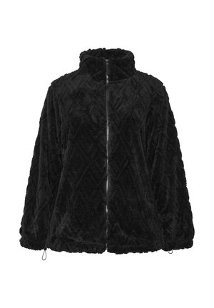 Zwarte, fuzzy jas met een hoge kraag, voorrits en een diamantpatroon. Beschikt over aantrekkoorden aan de onderkant voor verstelbaarheid.