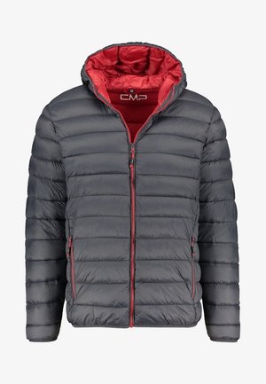 Grau gep quiltete Jacke mit abnehmbarem Kapuze, rotem Futter, Reißverschluss und zwei Reißverschlusstaschen. Merkmale ein gestepptes Design mit horizontalen Nähten.