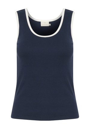 Mornarica majica bez rukava izrađena od rebrastog materijala, s bijelim kontrastnim izrezom i otvorima za ruke. Klasičan kroj s ravnim rubom.