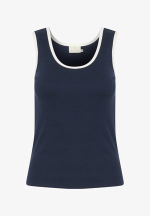 Mornarica majica bez rukava izrađena od rebrastog materijala, s bijelim kontrastnim izrezom i otvorima za ruke. Klasičan kroj s ravnim rubom.