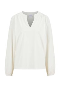 Witte blouse met lange mouwen, V-hals, geplooide schouders en elastische manchetten, weergegeven op een witte achtergrond.