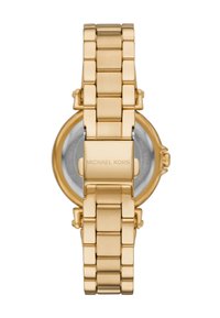 Złoty metalowy zegarek Michael Kors z bransoletą w formie ogniw. Charakteryzuje się polerowanym wykończeniem oraz okrągłą kopertą z minimalistycznym tyłem.