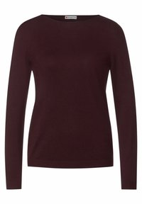 Dark burgundy long-sleeve sweater with a round neckline and ribbed cuffs and hem, displayed on a plain white background.