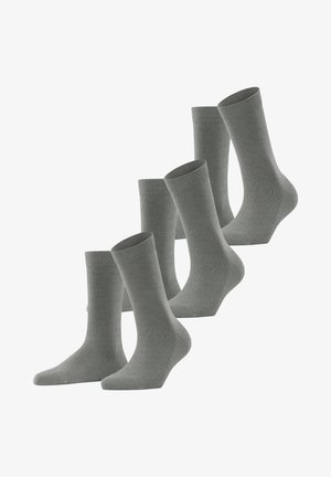 Cinq paires de chaussettes grises en tissu doux et extensible, dotées de bords côtes et d'une texture lisse, adaptées à un usage quotidien.