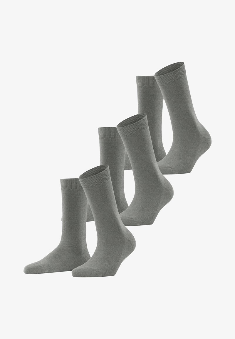Five pairs of grey socks made of a soft, stretchy fabric, featuring ribbed cuffs and a smooth texture, suitable for everyday wear.