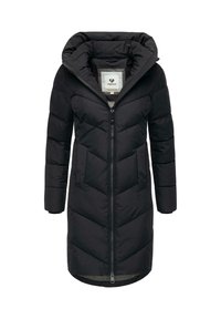 Cappotto lungo di piumino nero con design trapuntato, grande cappuccio e zip frontale completa. Presenta due tasche e un morbido rivestimento interno.