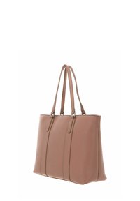 Sac fourre-tout en cuir rose clair avec une forme structurée, double anses et des accents cousus. Présente une texture lisse et des éléments métalliques.