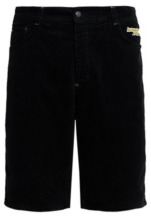 Mustat samettiset shortsit klassisella leikkauksella, joissa on metallinappi, viisi taskua ja hillitty keltainen brodeeraus etutaskussa.