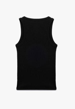 Top senza maniche nero realizzato in cotone a coste, con scollatura rotonda e orlo pulito in vita, caratterizzato da un design semplice e uniforme.