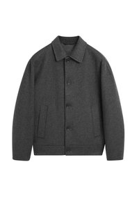 Dark grey wool jacket with a collared neck, front button closure, two side pockets, and a slightly cropped silhouette.
