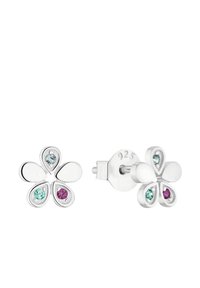 Pendientes de botón en forma de flor de plata de ley, con tres piedras preciosas: verde azulado, azul claro y rosa. Presentan un acabado pulido y cierre de presión.