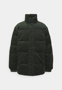Dark green padded jacket with a high collar, featuring a quilted design, elastic cuffs, and side pockets. The fabric has a soft texture.