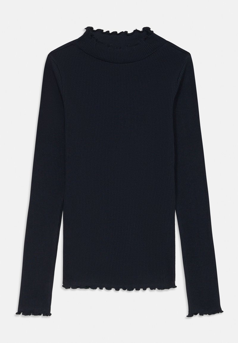 Marineblaues, geripptes Langarmoberteil mit hohem Kragen und gewellten Rändern an Kragen und Ärmeln. Das Material ist weich und strukturiert.