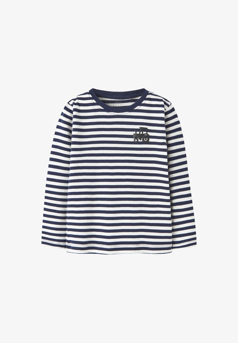 Μακρυμάνικο πουκάμισο για παιδιά με ναυτικές και λευκές οριζόντιες ρίγες και ένα μικρό σκούρο εικονίδιο τρακτέρ στο στήθος.