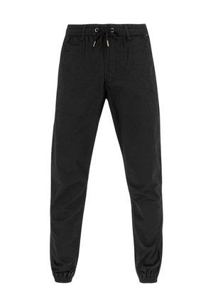 Schwarze, lässige Jogginghosen mit elastischem Bund, Kordelzug, Seitentaschen und elastischen Bündchen.