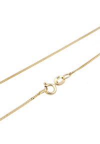 Gouden ketting met een verfijnd, complex ontwerp. Voorzien van een veilige karabijnsluiting en markeringen die de metalen puurheid aanduiden.