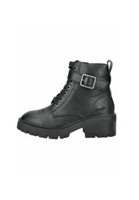 Botín negro de cuero hasta el tobillo con acabado texturizado, diseño de cordones, hebilla lateral y suela de goma gruesa para mayor agarre y durabilidad.