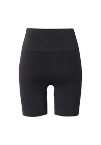 Melni augstie šorti, izgatavoti no elastīga auduma ar gludu tekstūru. Iekļauj pieguļošu siluetu un vidukļa garumu līdz pusceļam.