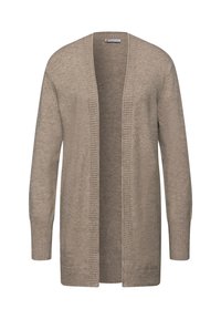 Cárdigan beige con una textura suave, diseño de frente abierto, puños y dobladillo acanalados. La tela parece ligera y cómoda.