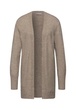 Beige cardigan met een zachte textuur, open voorkant, geribde manchetten en zoom. De stof lijkt lichtgewicht en comfortabel te zijn.