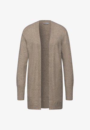 Beige cardigan met een zachte textuur, open voorkant, geribde manchetten en zoom. De stof lijkt lichtgewicht en comfortabel te zijn.