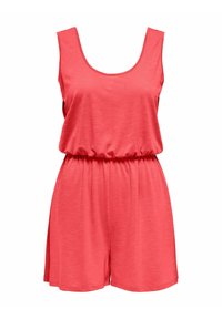 Combinaison sans manches corail avec un décolleté arrondi, une taille élastique et une coupe décontractée. Fabriquée en tissu doux et léger avec une texture lisse.