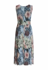 Robe fleurie sans manches, présentant un mélange de teintes bleues, roses et vertes, avec une silhouette fluide. Fermeture éclair au dos.