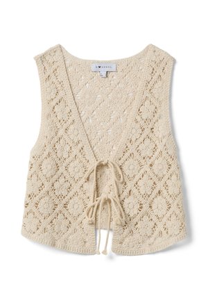 Cream crochet vest with floral pattern and two front ties, sleeveless design and V-neckline.